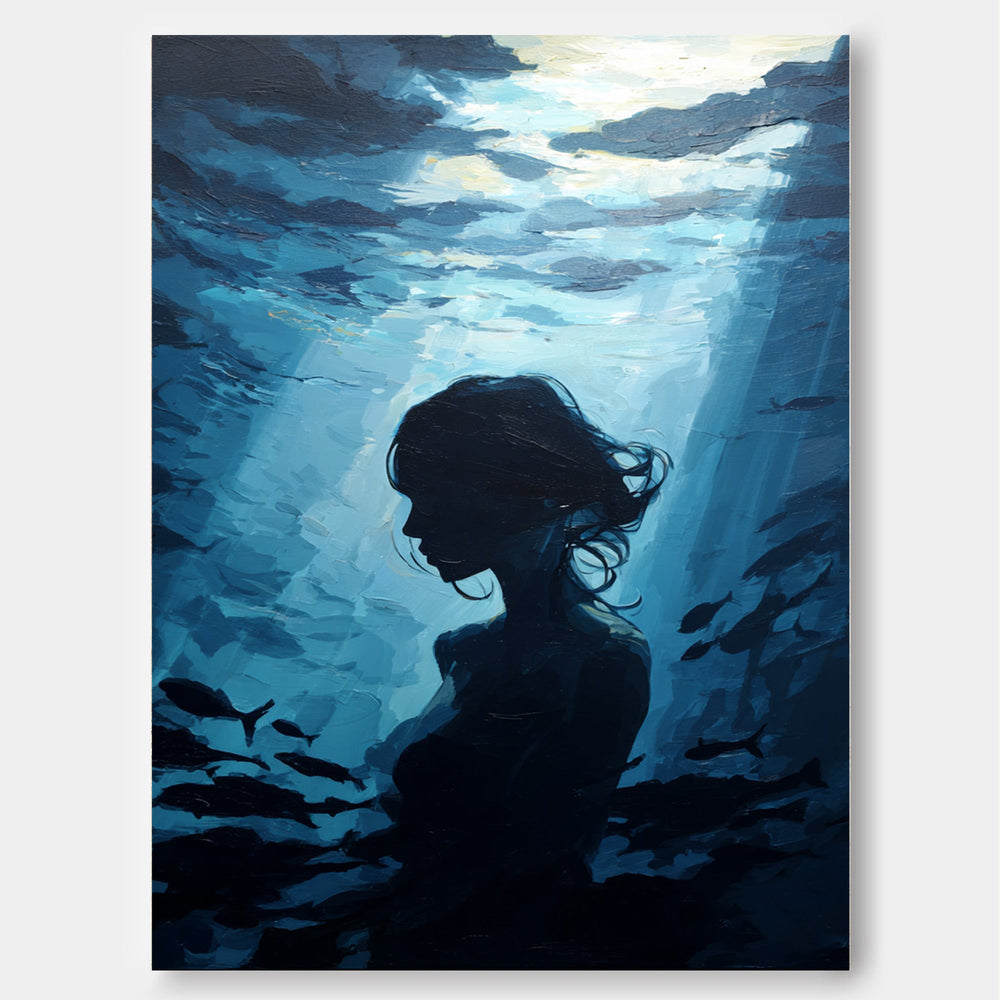 Blue Underwater Woman Portrait Oil Painting On Linen Canvas For Living Room Decor