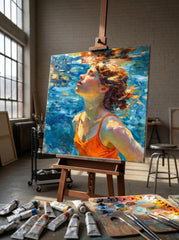 Serene Woman Swimming In Blue Water Original Oil Painting For Modern Home Decor