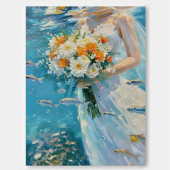 Underwater Bridal Floral Oil Painting With Fish And Bubbles For Modern Home Decor