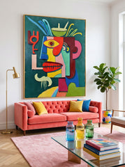 Quirky Cubist Face Art Print With Bold Colors And Expressive Brushstrokes For Eclectic Interiors