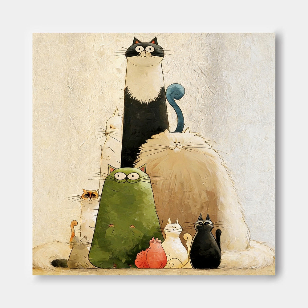 Whimsical Cat Painting For Modern Home Decor With Textured Canvas Finish