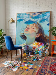 Hand Painted Square Canvas Art Girl Swimming With Fish Contemporary Interior Design