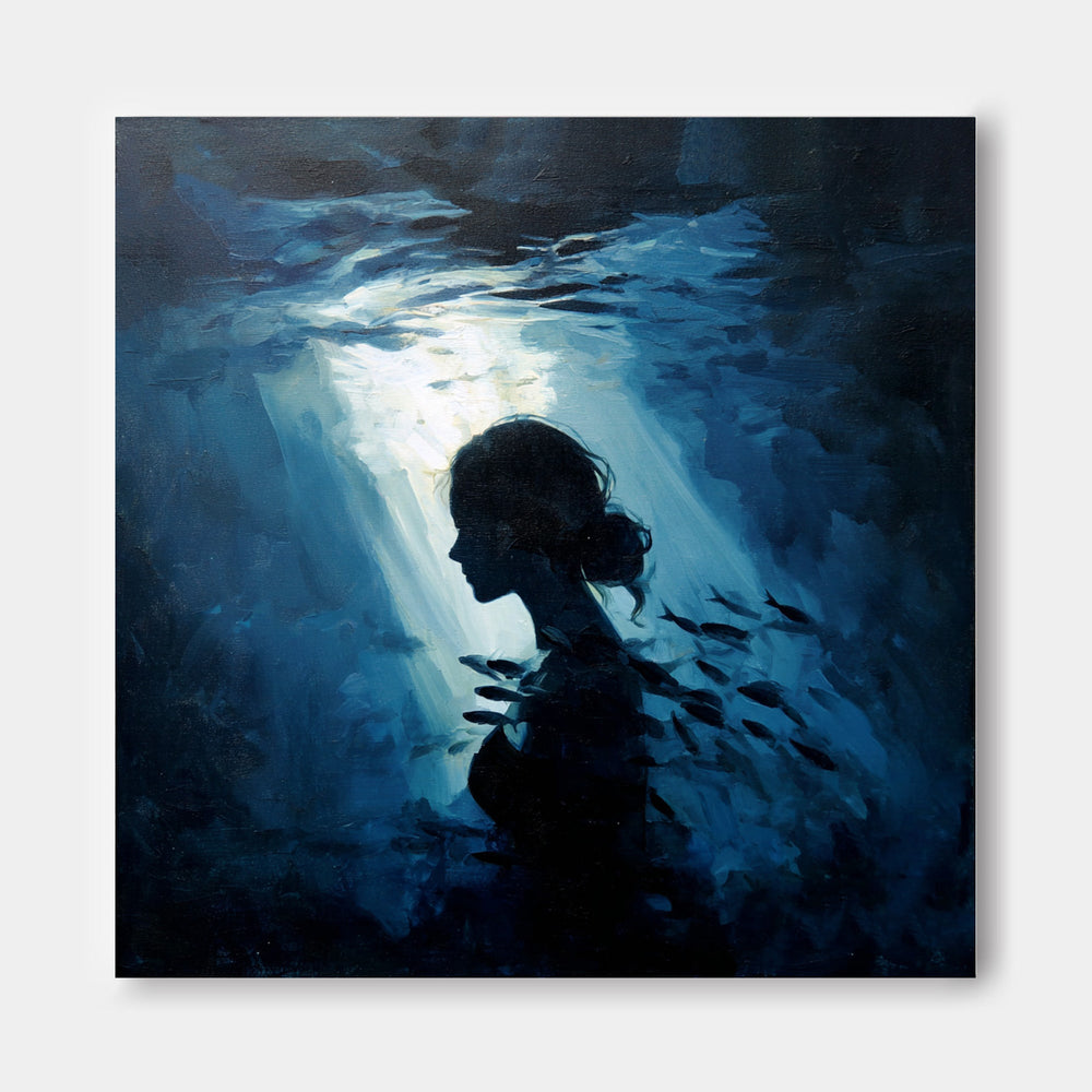 Deep Ocean Silhouette Woman Original Oil Painting For Modern Home Decor