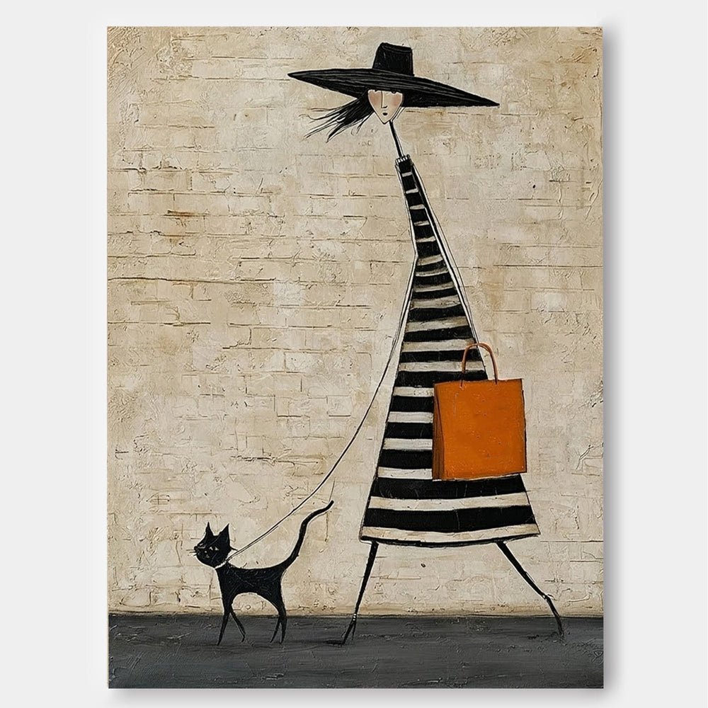 Quirky Lady Walking Cat Art Print Beige And Black Tones For Boutique Interior Design