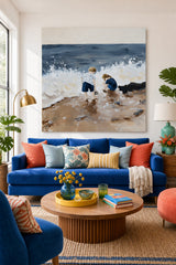 Children Playing At Beach Square Oil Painting For Living Room Decor With Textured Waves And Sand