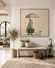 Man And Dog With Umbrella Painting For Cozy Home Decor