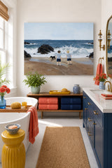 Hand Painted Beach Scene With Children And Pet Dog Nostalgic Family Wall Art