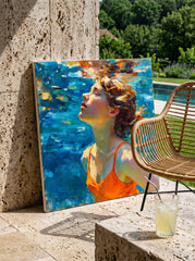 Serene Woman Swimming In Blue Water Original Oil Painting For Modern Home Decor