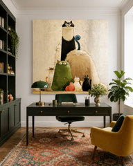 Whimsical Cat Painting For Modern Home Decor With Textured Canvas Finish