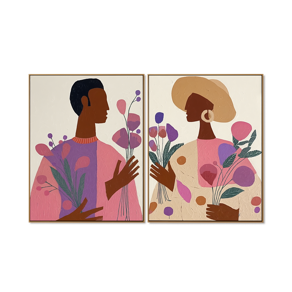 Blooming Dialogue – Botanical Couple Figurative Wall Art hand-painted wall art