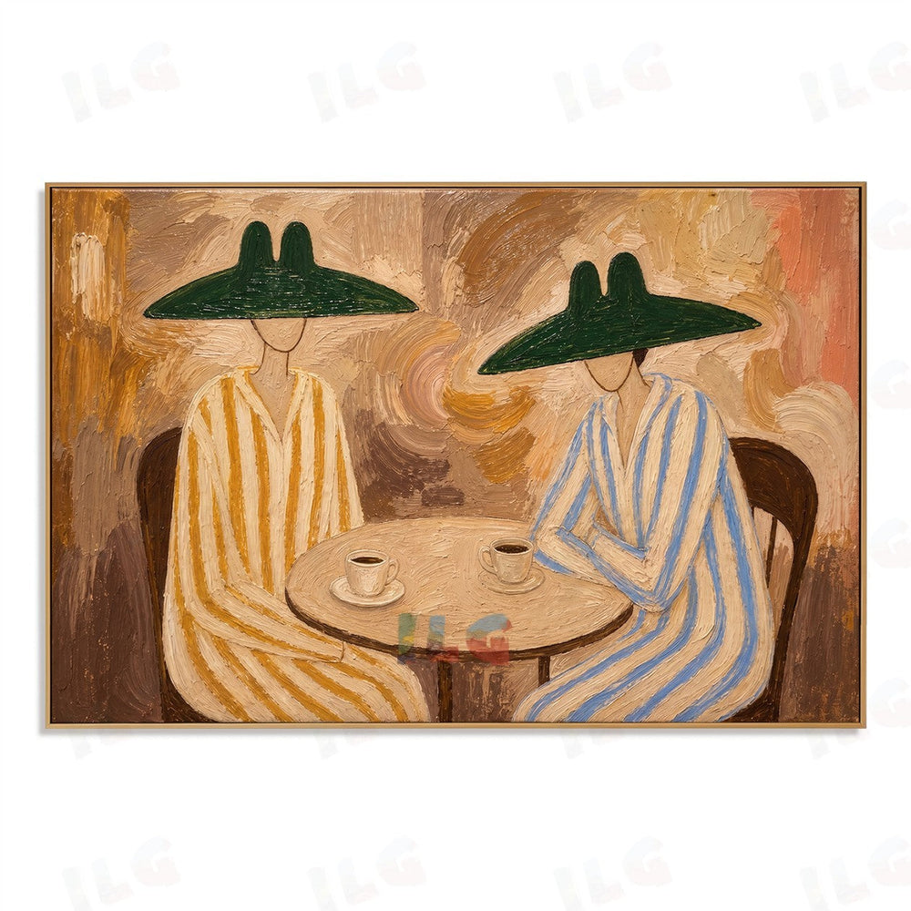Forest Café Moments – Two Figures in Green Hat Harmony hand-painted wall art