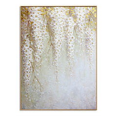 Golden Blossom Cascade – Textured White Floral Oil Painting hand-painted wall art