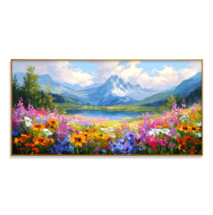 Alpine Bloom Horizon – Panoramic Mountain Lake Flower Field Oil Painting hand-painted wall art