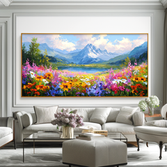 Alpine Bloom Horizon – Panoramic Mountain Lake Flower Field Oil Painting