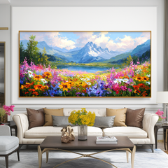 Alpine Bloom Horizon – Panoramic Mountain Lake Flower Field Oil Painting