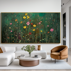 Golden Petal Reverie Panoramic Floral Wall Art Hand Painted Wildflower Canvas