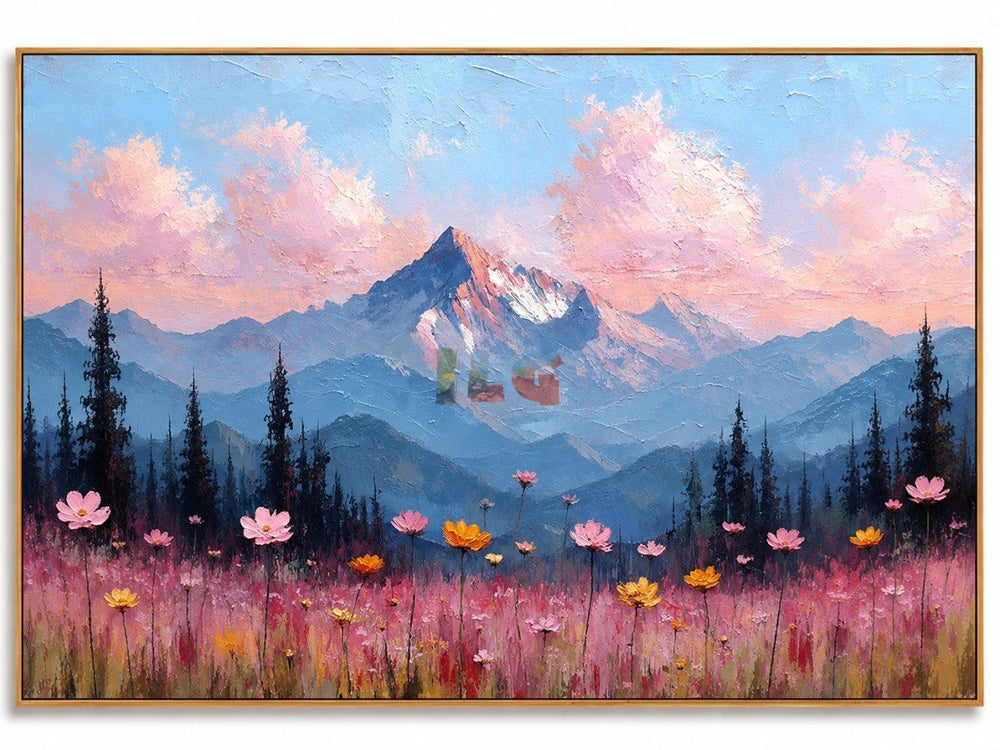 Rose Cloud Summit Meadow – Mountain Floral Landscape Wall Art hand-painted wall art