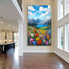 Skyward Bloom – Snow Mountain Lake Floral Wall Art
