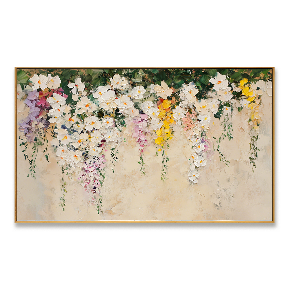 Ivory Blossom Cascade – Textured Floral Oil Painting hand-painted wall art
