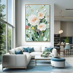 Mint Garden Peonies – Textured Floral Oil Painting