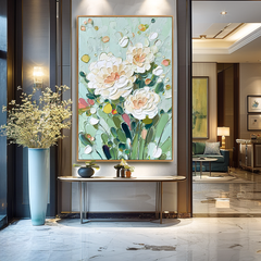 Mint Garden Peonies – Textured Floral Oil Painting