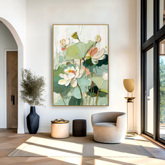 Serene Lotus Garden – Textured Lotus Oil Painting