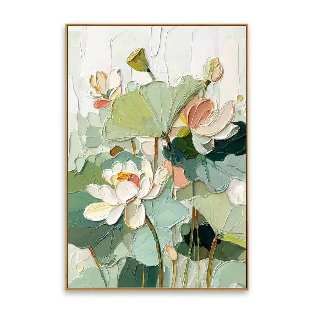 Serene Lotus Garden – Textured Lotus Oil Painting hand-painted wall art