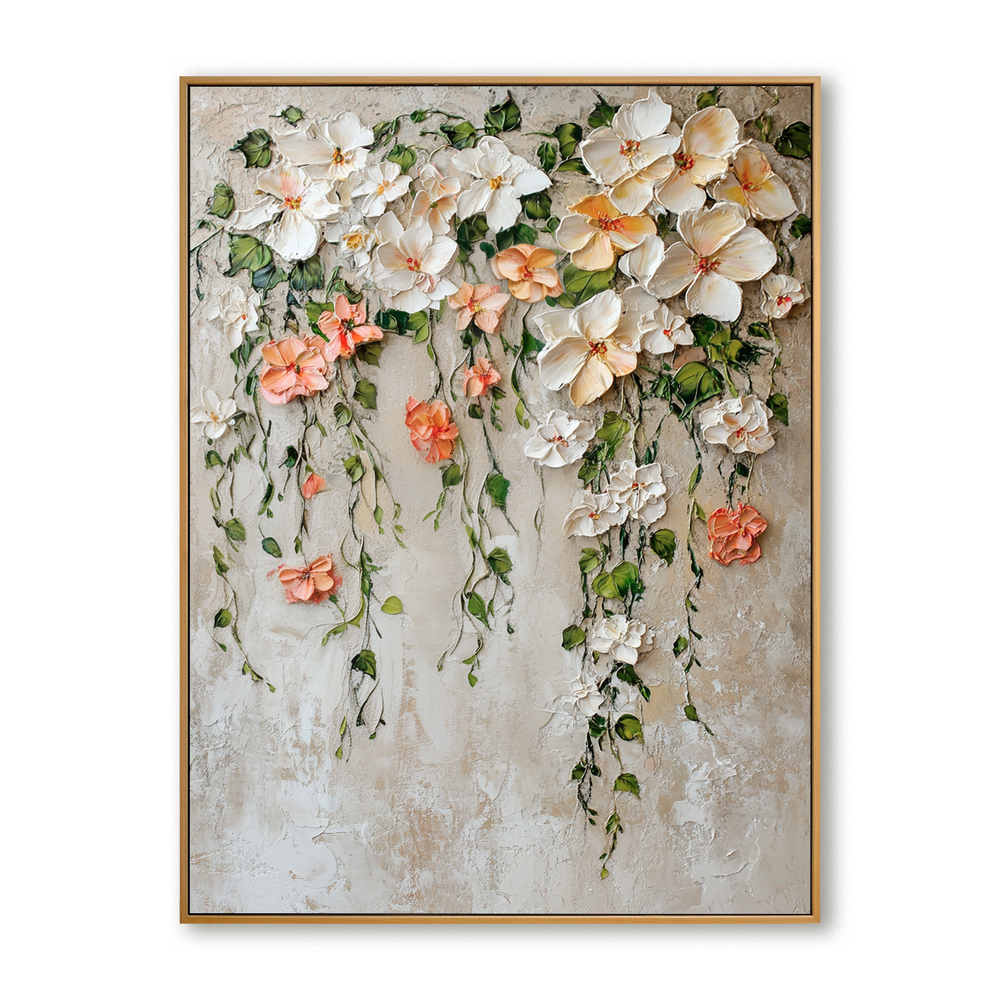 Falling Blossom Grace – Textured Floral Wall Art hand-painted wall art