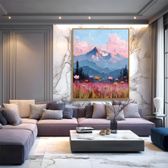 Blooming Peaks – Textured Mountain Sunset Landscape Oil Painting, Wildflower Wall Art