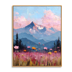 Blooming Peaks – Textured Mountain Sunset Landscape Oil Painting, Wildflower Wall Art