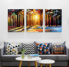 Ray of Hope – Forest Triptych Painting with Sunlight and Trees for Modern Interiors