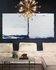 Set of 2 Large Abstract Modern Blue And White Square Original Minimalist Oil Paintings On Canvas Texture Wall Art Living Room Decor
