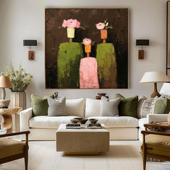 Abstract Floral Oil Painting Canvas Modern Pink Flowers & Geometric Green Figures Contemporary Wall Art