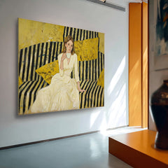 Modern Impasto Figurative Painting Minimalist Yellow & Black Striped Art Sophisticated Female Portrait For Home