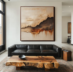Horizon Flames- Abstract Textured Oil Painting, Neutral Tones with Dripping Effect Wall Art