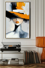 Elegant Lady: Stylish Abstract Fashion Art with Orange Hat – Unique Wall Decor for Contemporary Interiors