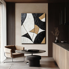 Harmony in Geometry:Geometric Abstract Art in Black Gold and White – Contemporary Wall Decor