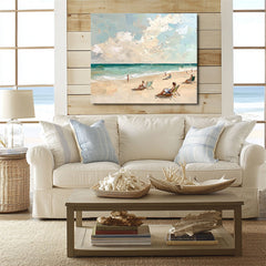 Tranquil Beach Moments – Impressionist Beach Oil Painting: People Relaxing on Sandy Shore