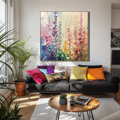 Floral Symphony-Modern Rainbow Floral Wall Art – Textured Oil Painting of Flowers in Field