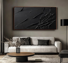 Cracked Serenity: Large Black Abstract Art with Cracked Lines – Minimalist Modern Wall Decor