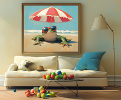 Chill Frog: Funny Frog on Beach with Sunglasses – Textured Seascape Wall Art