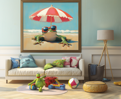 Chill Frog: Funny Frog on Beach with Sunglasses – Textured Seascape Wall Art