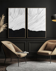 Monochrome Harmony: Large Black & White Abstract Diptych Art – Minimalist Wall Decor for Modern Spaces