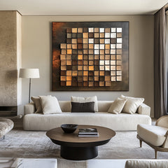 Earthy Gradient Grid: Modern Abstract 3D Square Wall Art – Brown and Gold Hues Accent Piece