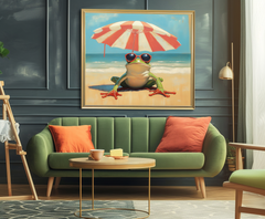 Chill Frog: Funny Frog on Beach with Sunglasses & Umbrella – Textured Seascape Wall Art