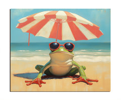 Chill Frog: Funny Frog on Beach with Sunglasses & Umbrella – Textured Seascape Wall Art