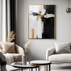 Divergent Flow: Thick Texture Abstract Artwork – Black, White & Gold for Living Room Wall