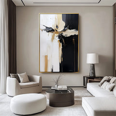 Divergent Flow: Thick Texture Abstract Artwork – Black, White & Gold for Living Room Wall