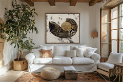 Golden Eclipse: Textured Abstract Gold Circular Oil Painting – Textured Geometric Wall Art