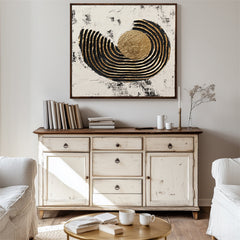 Golden Eclipse: Textured Abstract Gold Circular Oil Painting – Textured Geometric Wall Art